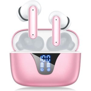 ZIUTY Wireless Earbuds, Bluetooth 5.3 Headphones with 4 ENC Mic, 48H Playtime LED Display Wireless Earphones IPX7 Waterproof in-Ear Earbuds with Earhooks for Sports/Workout-Beige